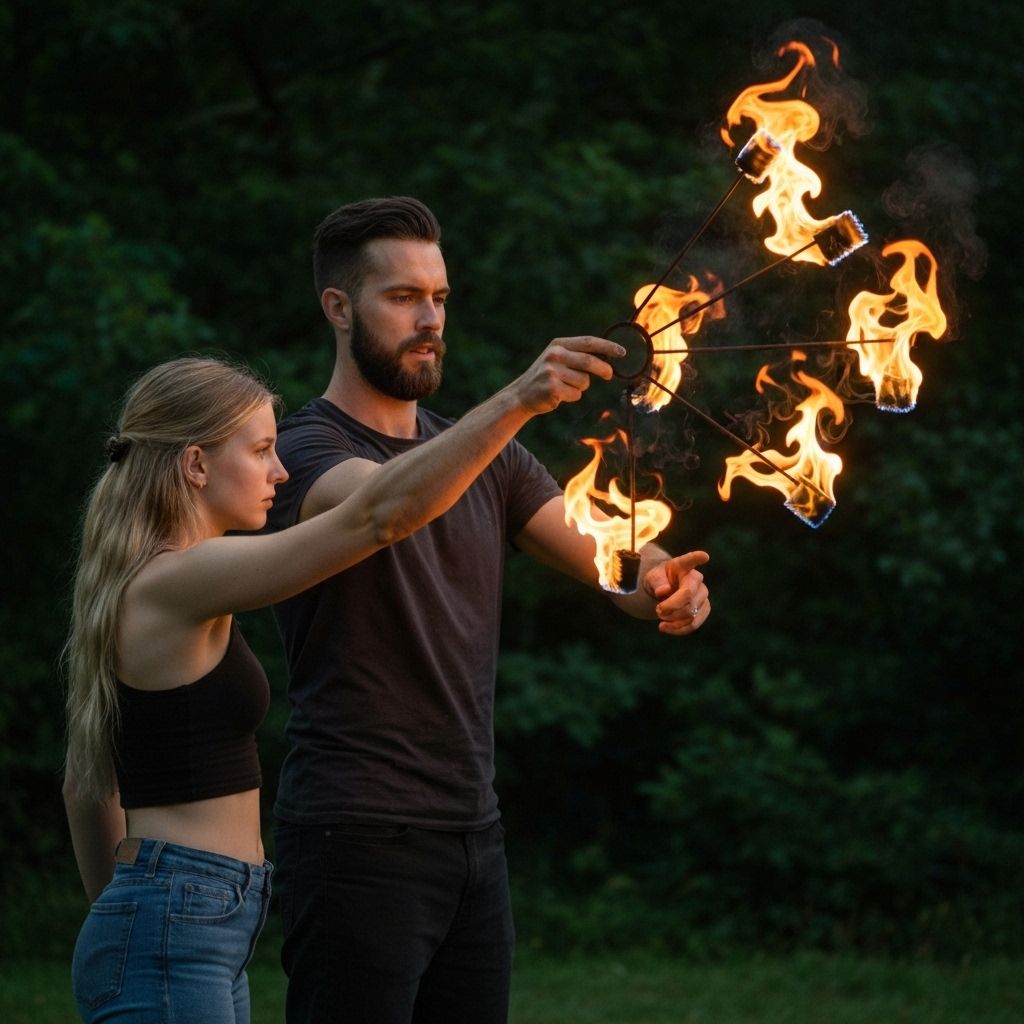 Fire Spinning Classes - Expert Instruction at Burn Monkeys Fire spinning instructor teaching beginner student proper poi technique and safety protocols - hands-on fire arts education
