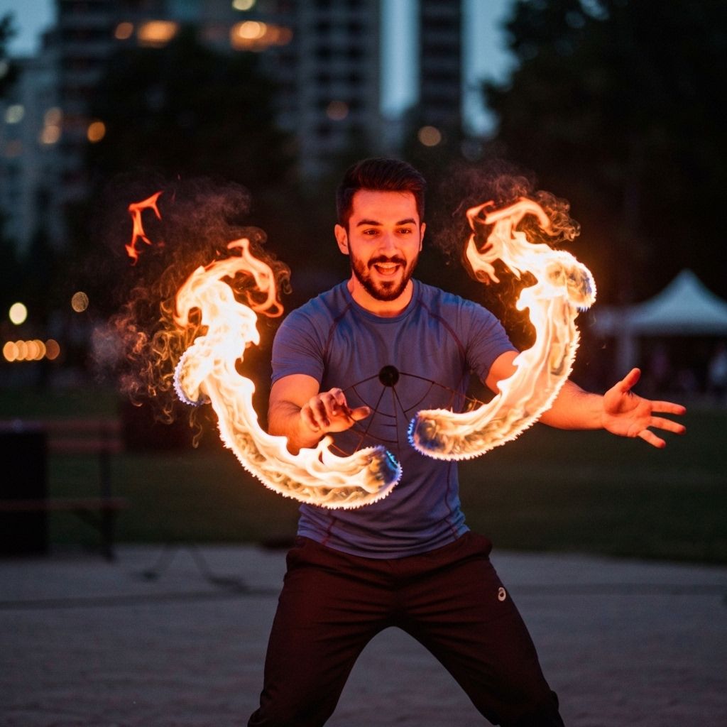 Professional fire spinning instructor demonstrating poi technique to students