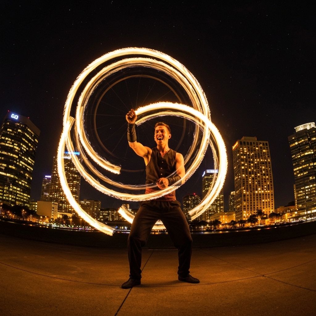 Fire spinning performance with mesmerizing poi trails at night - professional fire dancer creating circular light patterns with fire poi
