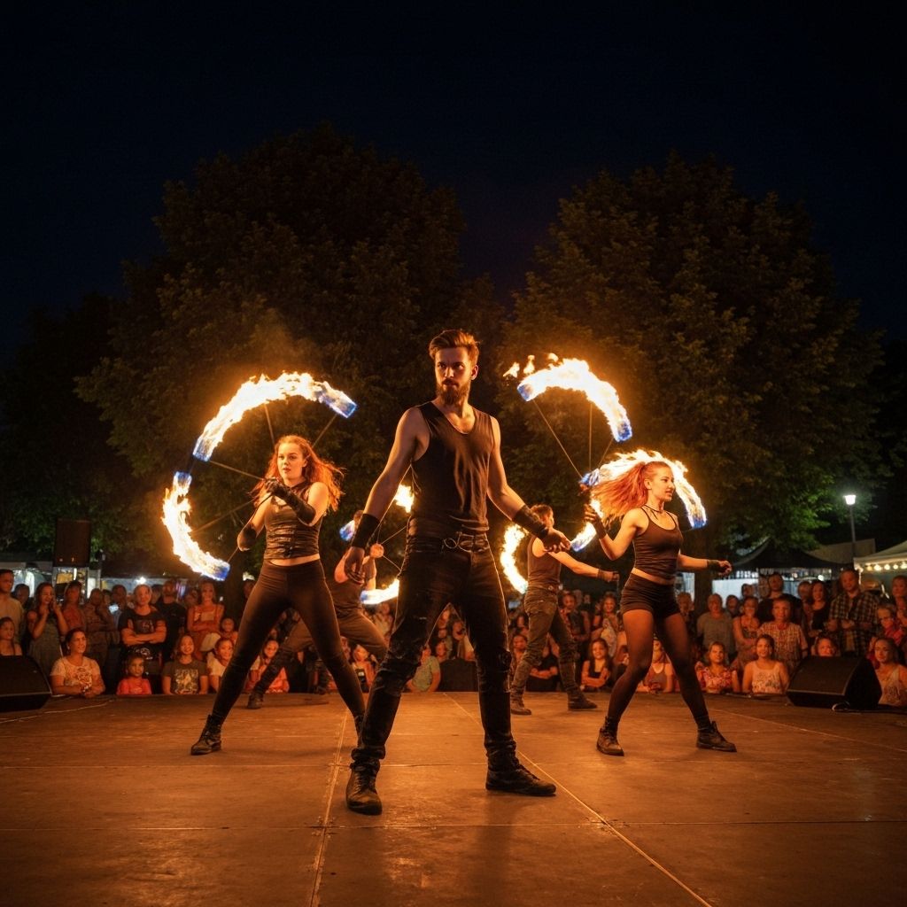 Group of fire performers spinning fire together at night